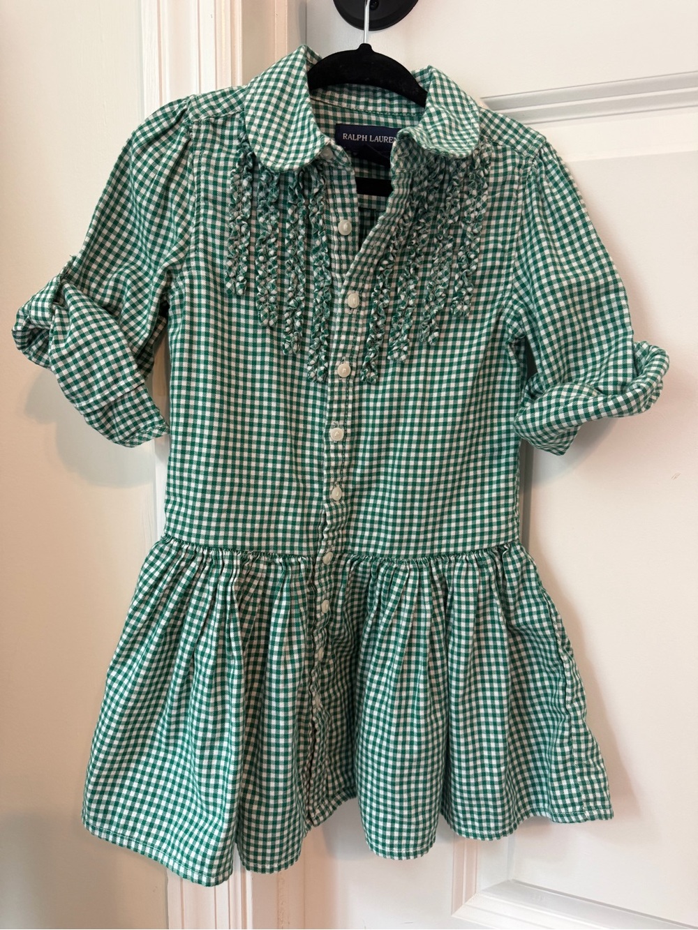 Ralph Lauren Green Gingham Smocked Button-Front Dress